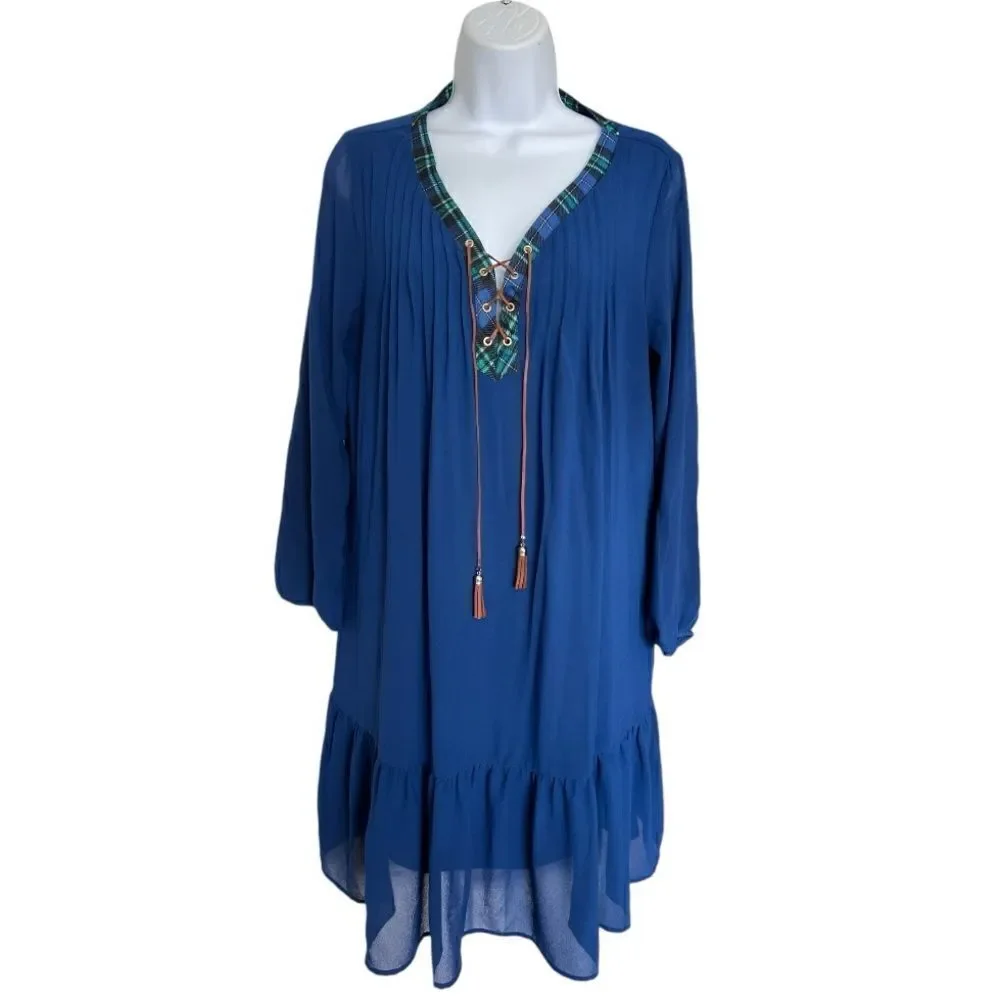 NY COLLECTION Women's Long-Sleeve Peasant Dress with Pleated Collar Size M